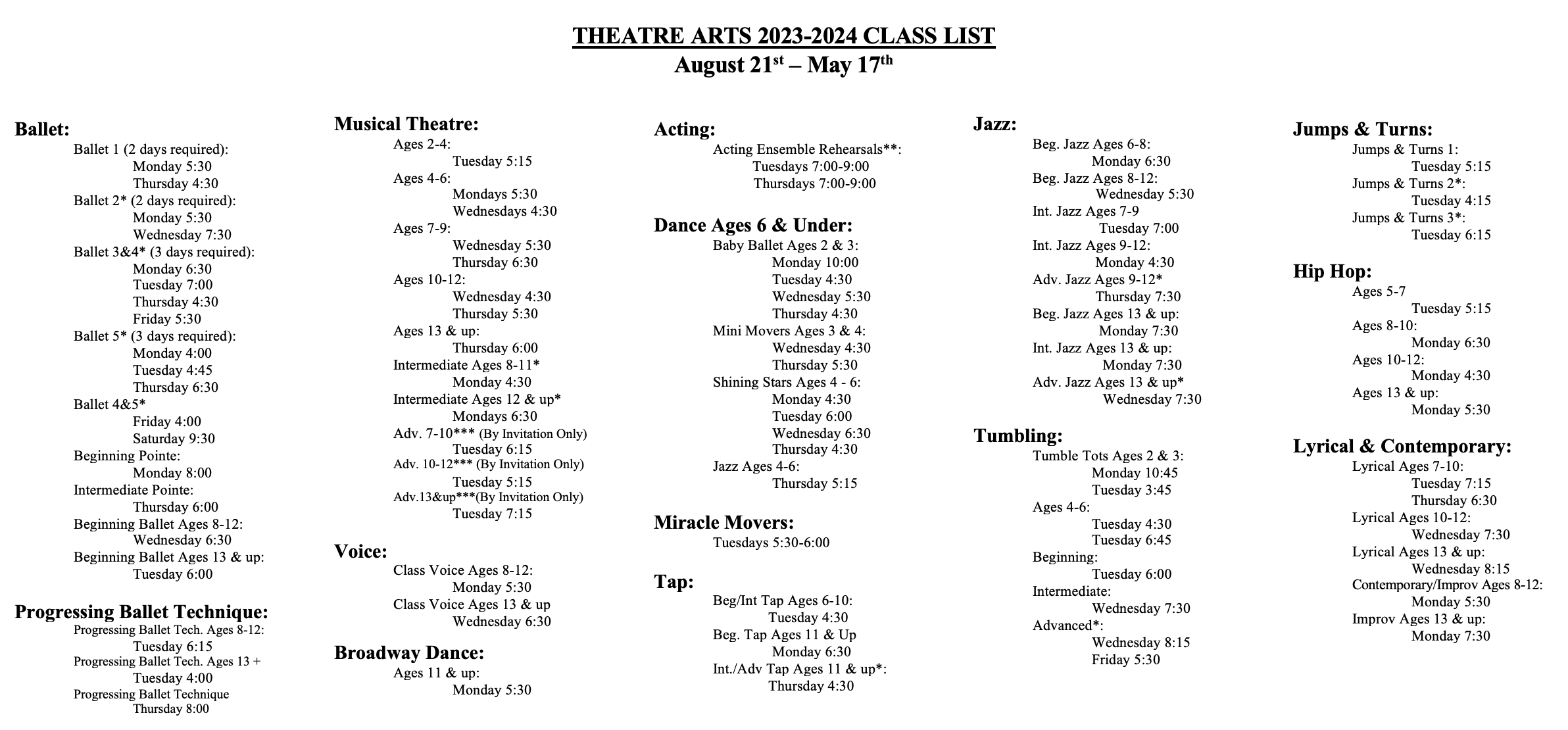 Class Schedule Theatre Arts Tulsa